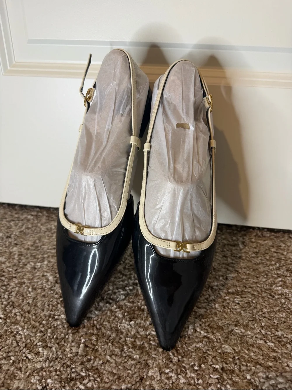NWOT Sam Edelman Black Patent Slingback Flats with Cream Trim
